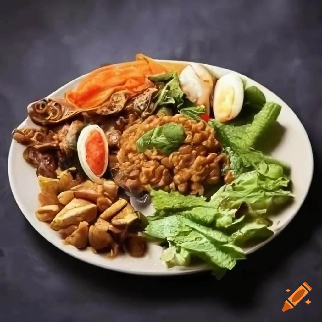 Indonesian gado-gado salad with tempeh, salted fish, and shrimp crackers