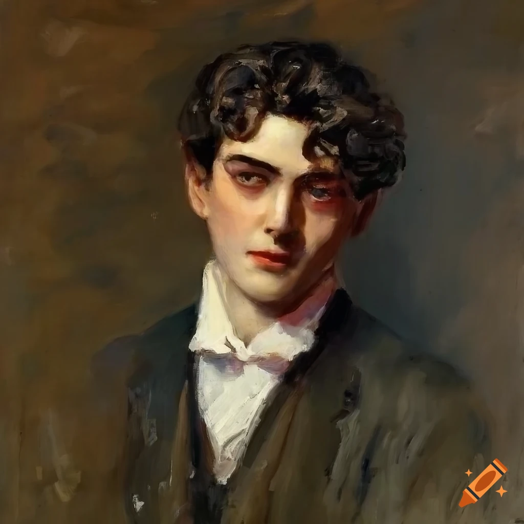 Portrait of a dreamy gentleman with messy wavy hair in an impressionist
