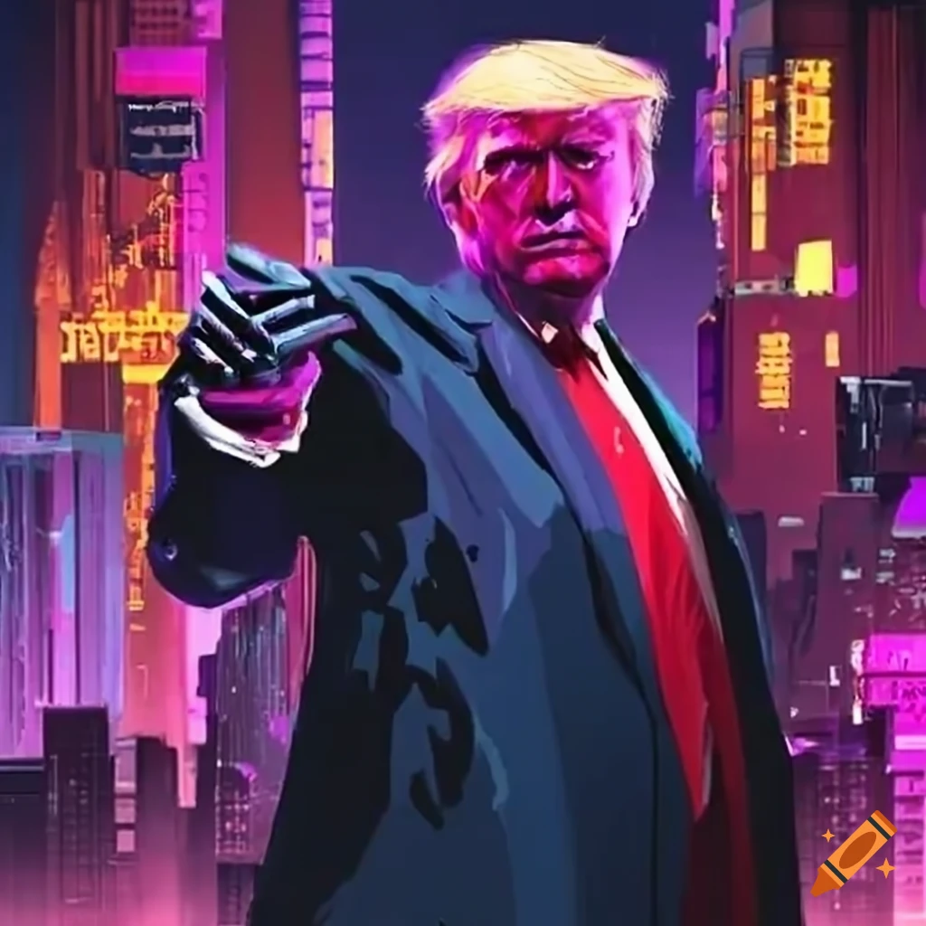 Satirical representation of a cyberpunk donald trump on Craiyon