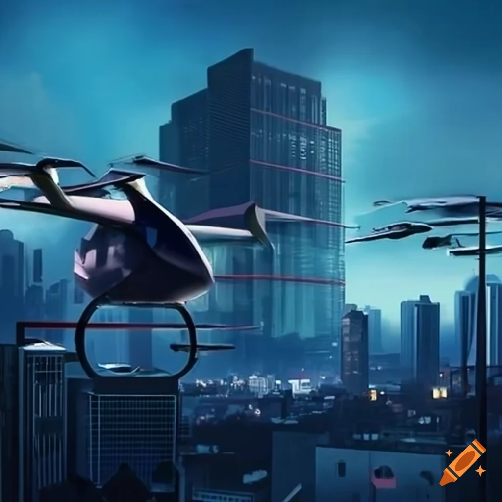 Futuristic city with flying cars and towering schools on Craiyon