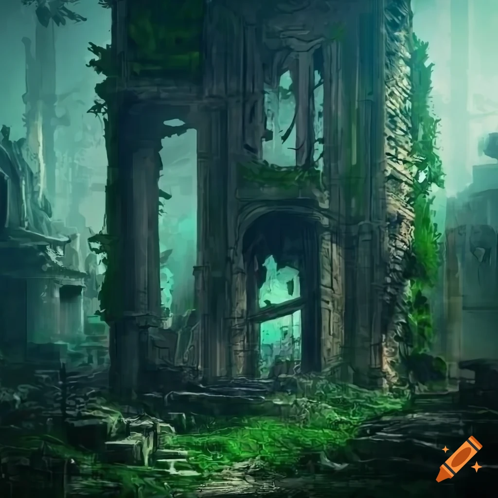 Overgrown urban fantasy ruins on Craiyon