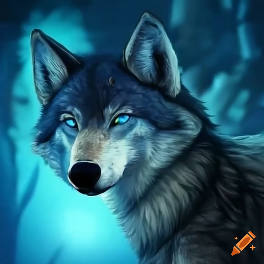 Humanoid wolf with blue eyes holding a scythe on Craiyon