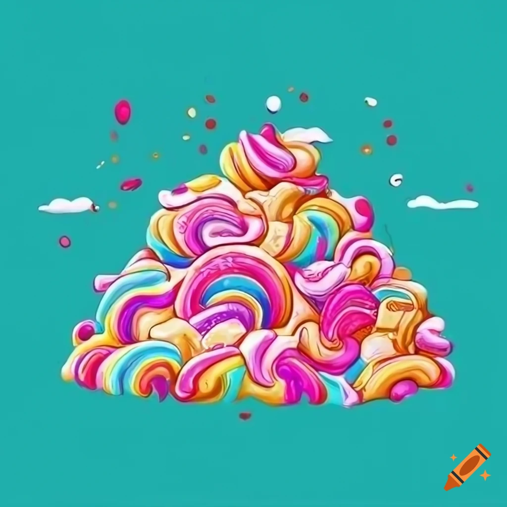 Colorful confectionery dreamscape with fizzy drinks and fluffy clouds in line art style