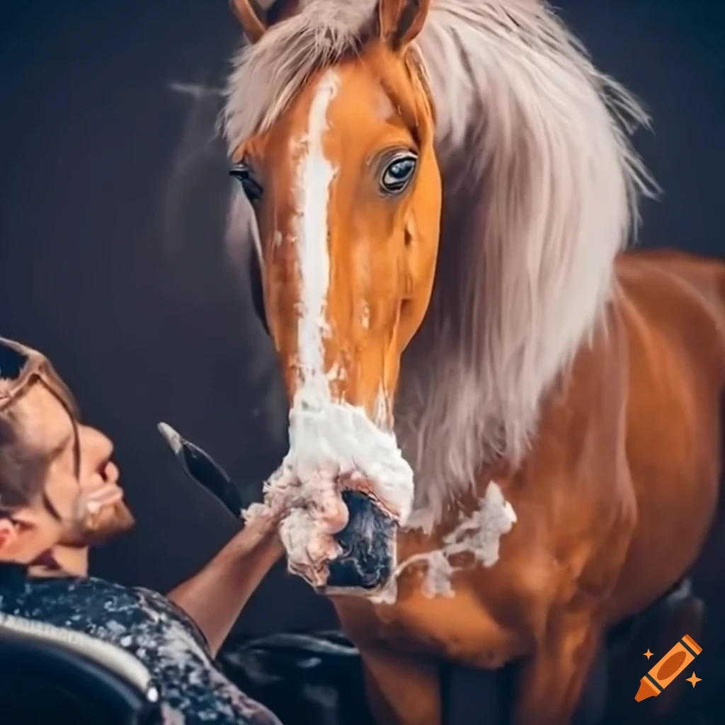 Horse getting a haircut with shaving cream in a barber chair
