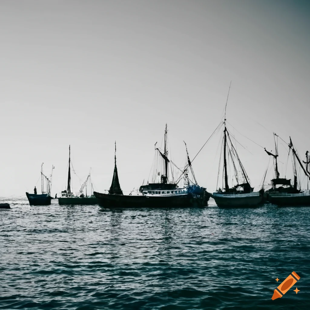Crowded coastal landscape with classic fishing boats and distant 1600's city