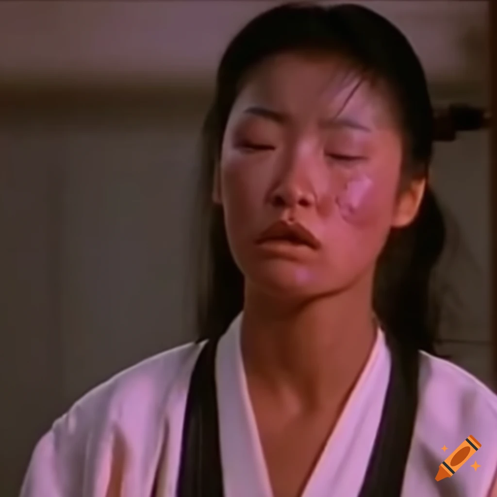 Asian martial arts fighter with bruised face and dizzy expression on