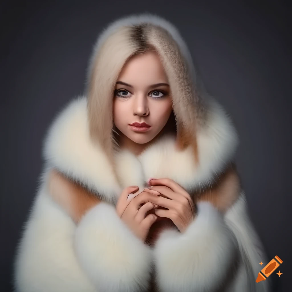 Young woman in a white fur coat with detailed face on Craiyon