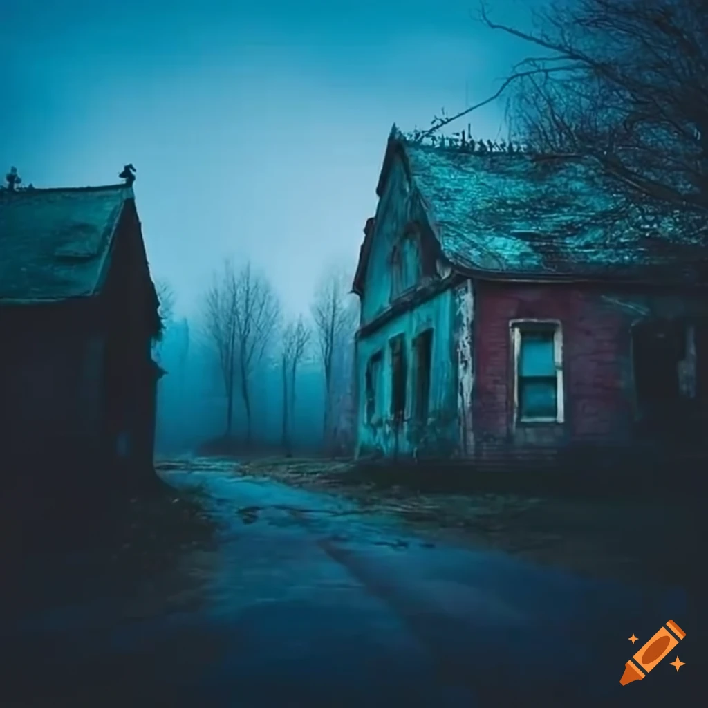 Abandoned houses in the morning with a bluish hue