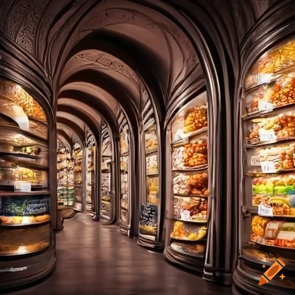 Interior of a futuristic turkish grocery store with spices, eggs, and