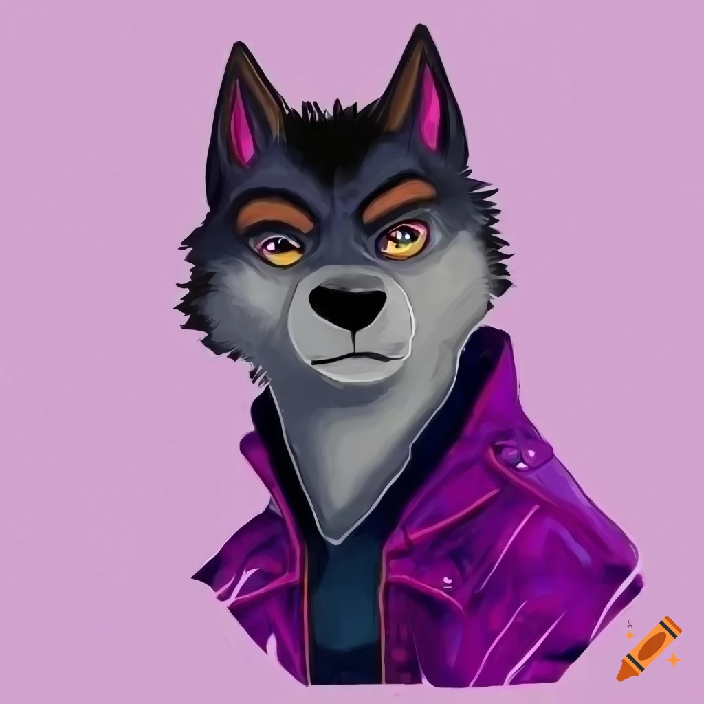 Black male wolf in purple leather jacket and jeans in Zootopia-inspired style