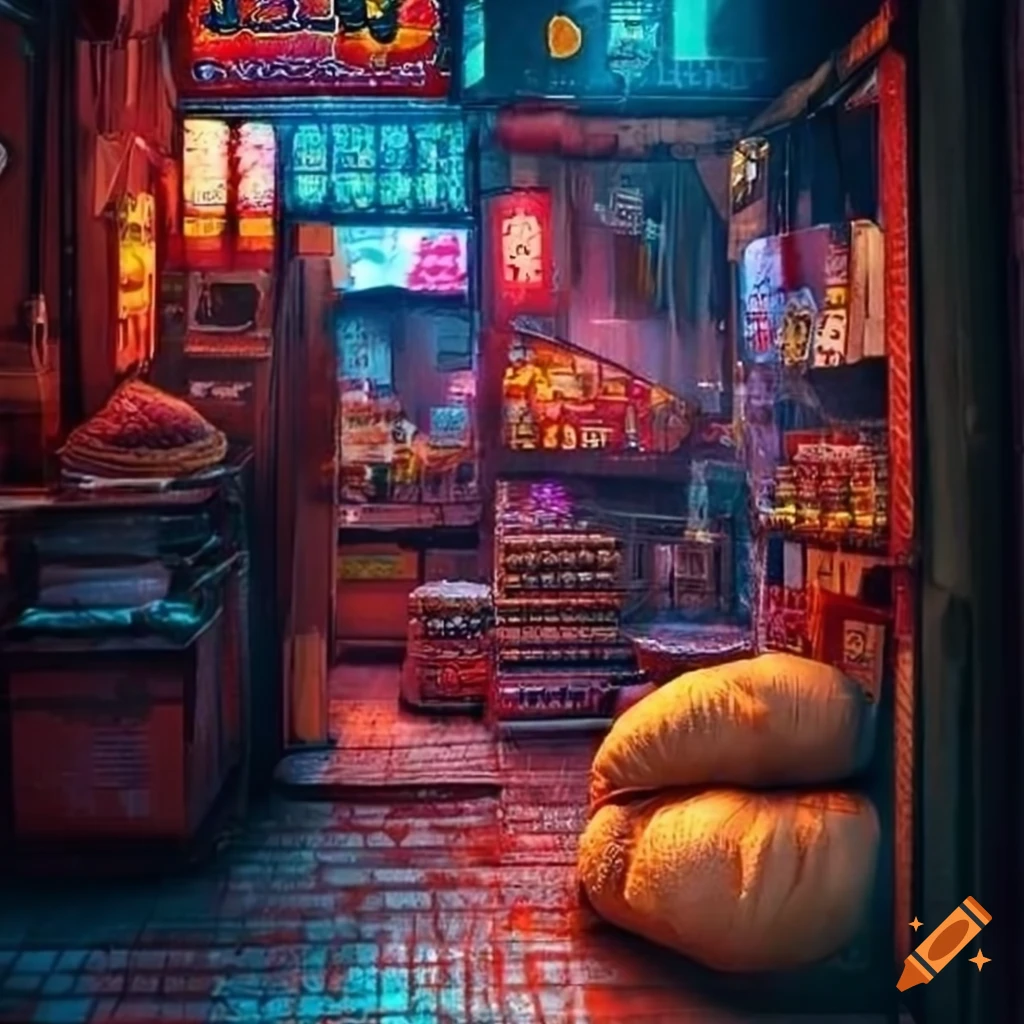 Cyberpunk Turkish shop with food sacks around