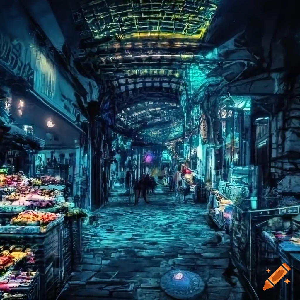 Interior of a futuristic Turkish market at night