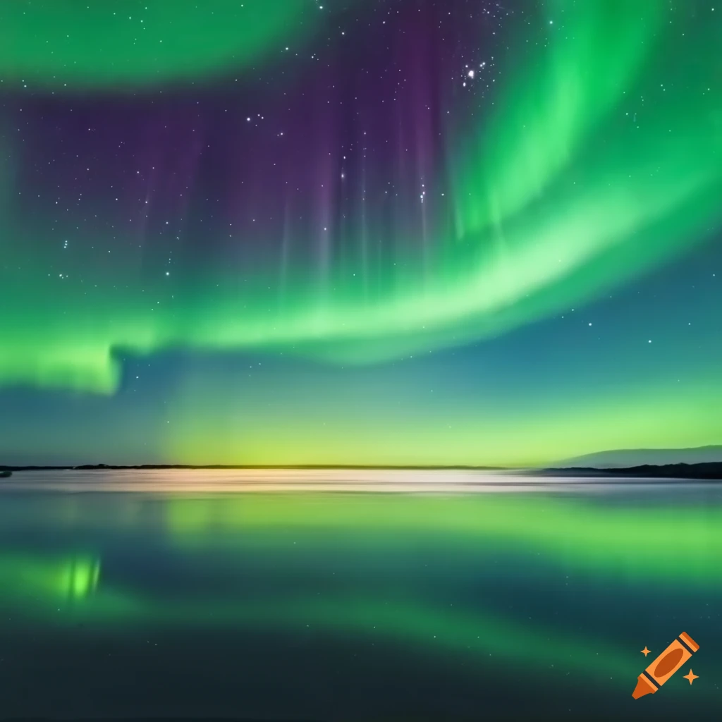 Russian landscape with dramatic aurora borealis night sky