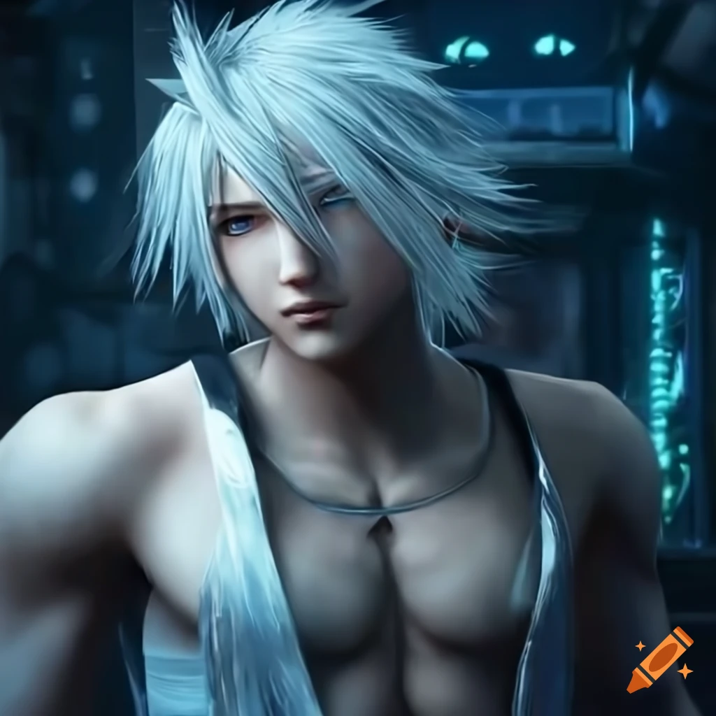 Captivating young man from Final Fantasy flexing in futuristic metropolis