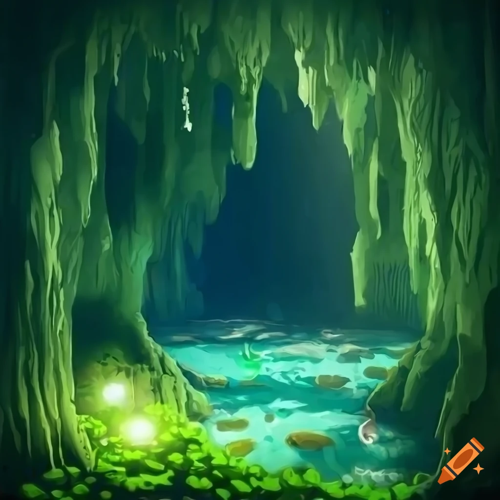 Lush cave with magical glowing berries and serene pools of water