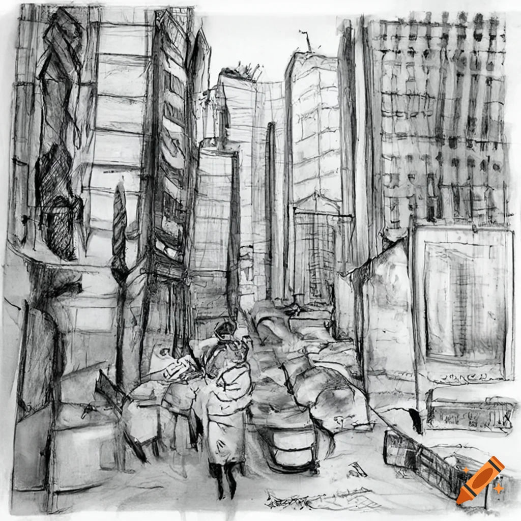 Person sitting near tall buildings in a city, depicting the hardships