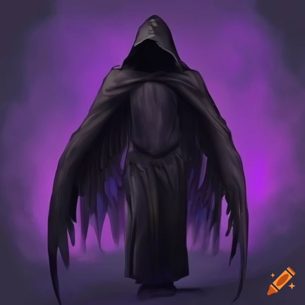 Mysterious cloaked figure with angel wings and a dark aura