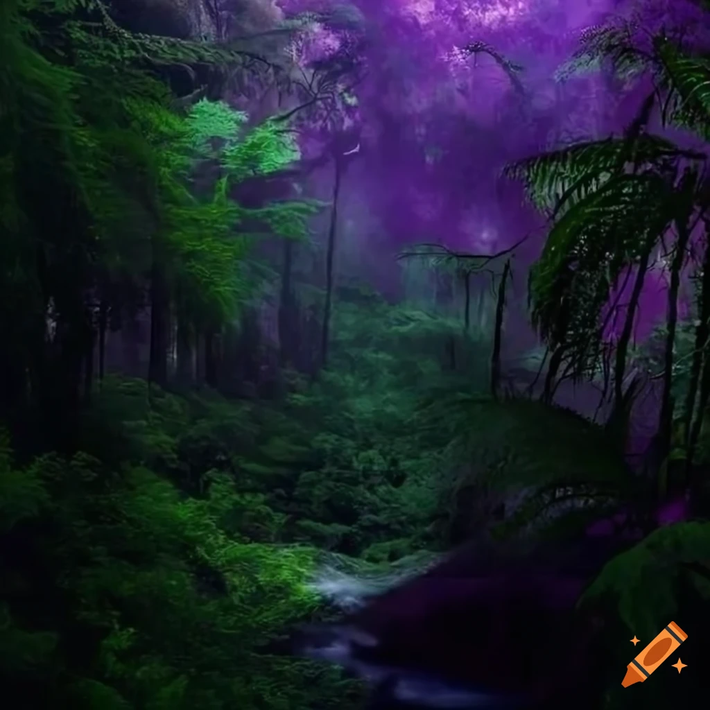 Lush rainforest with nighttime landscape in hues of purple and blue