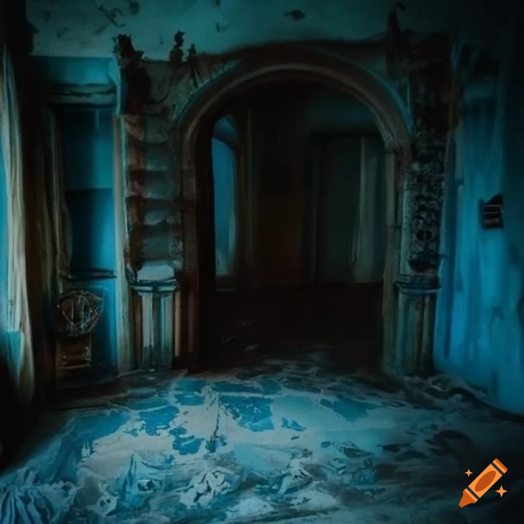 Creepy old decrepit room with mystical entities in blue hues