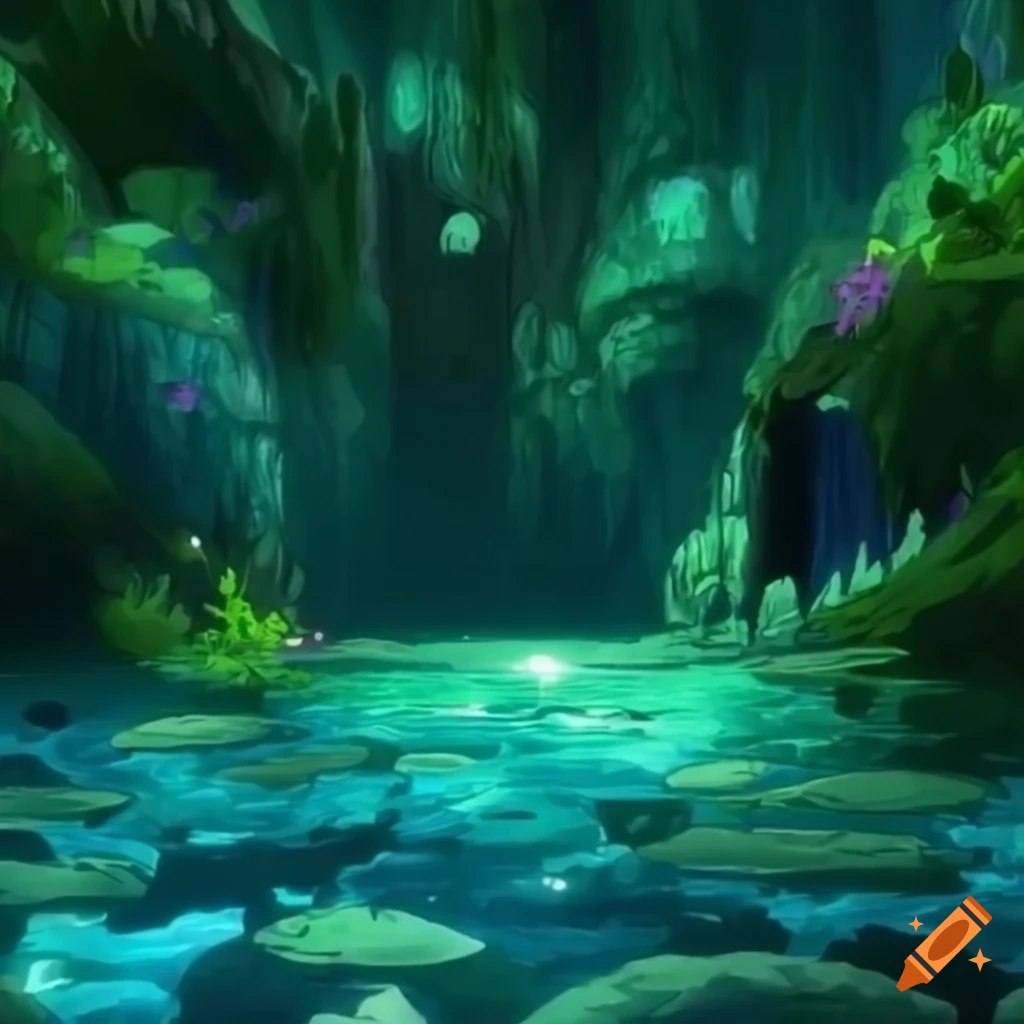 Lush underground cave with magical glowing berries and terraced pools of serene water
