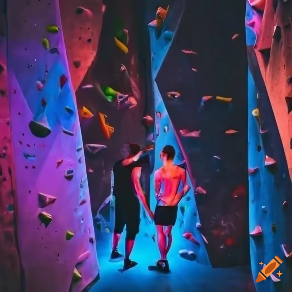 Male friends climbing towering boulders in a modern gym with neon lighting