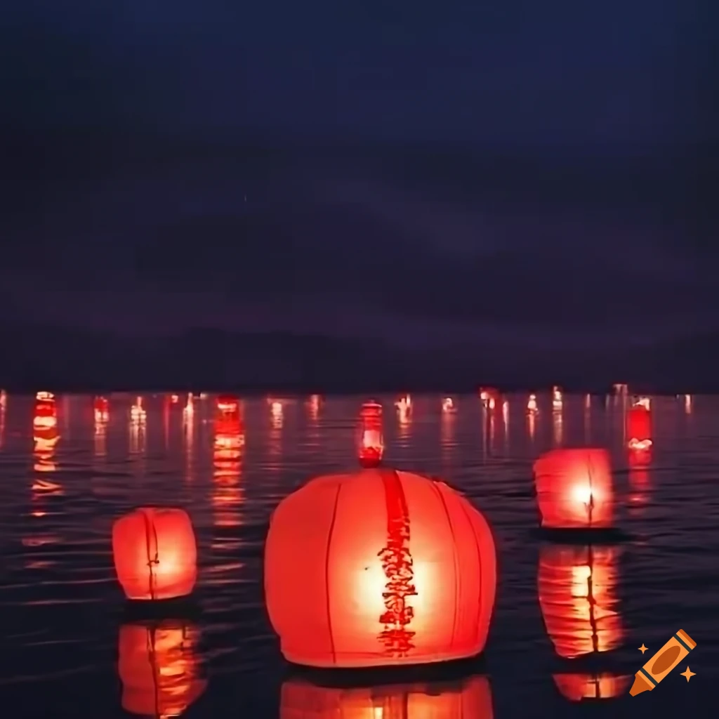 Chinese lanterns floating over water in a bright and vivid digital art