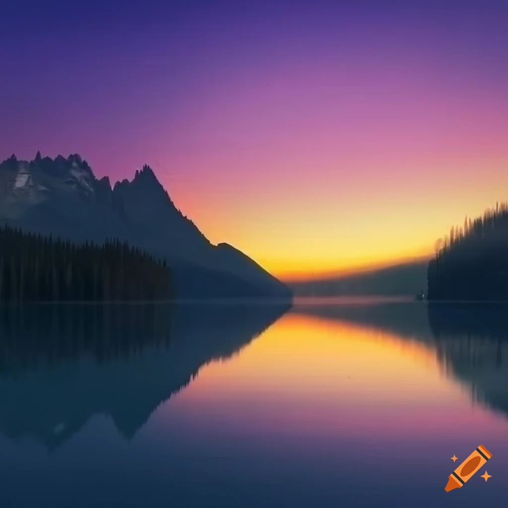 Breathtaking mountain lake at sunset with sun rays reflecting on the ...