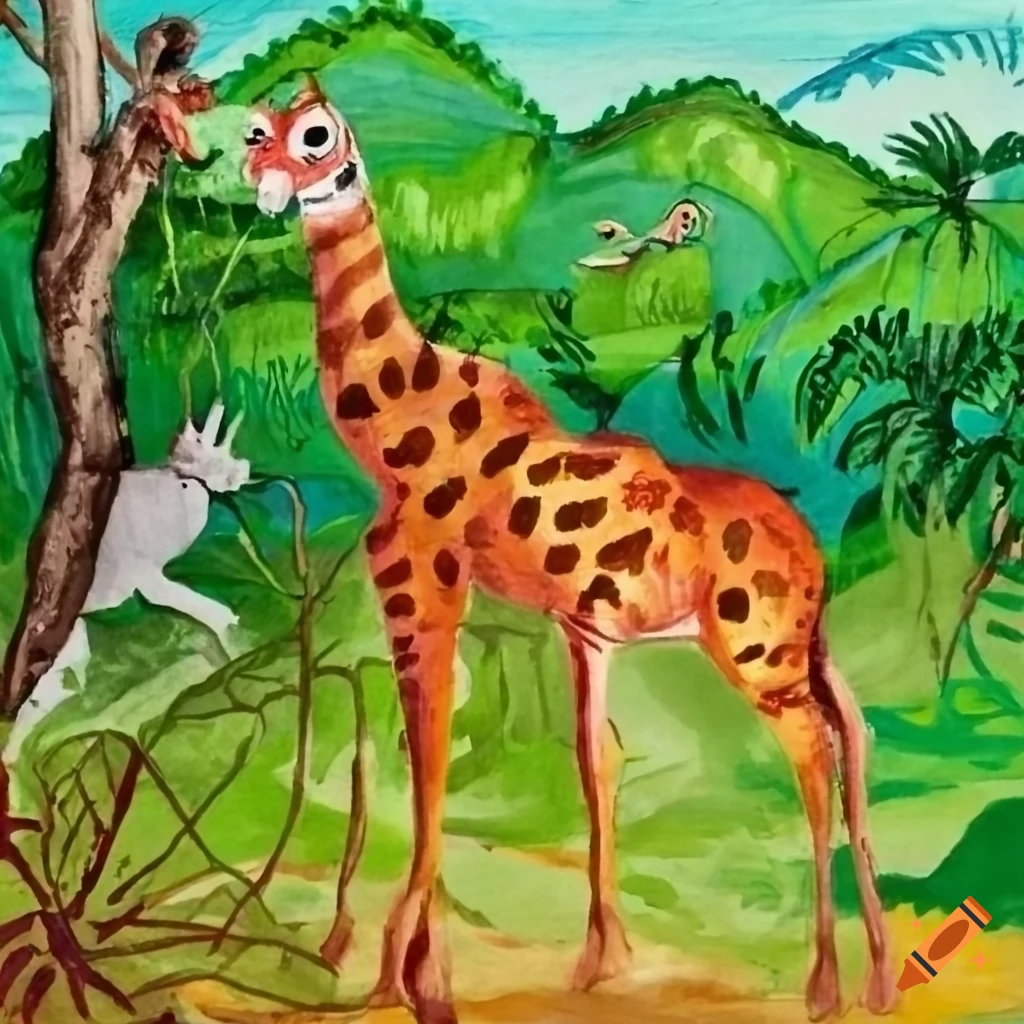 Jungle painting with animals, trees, and hills on Craiyon