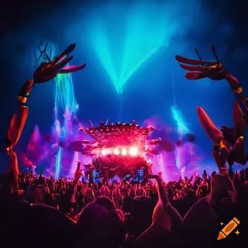 Crabs dancing at an electronic music festival on the beach at sunset on