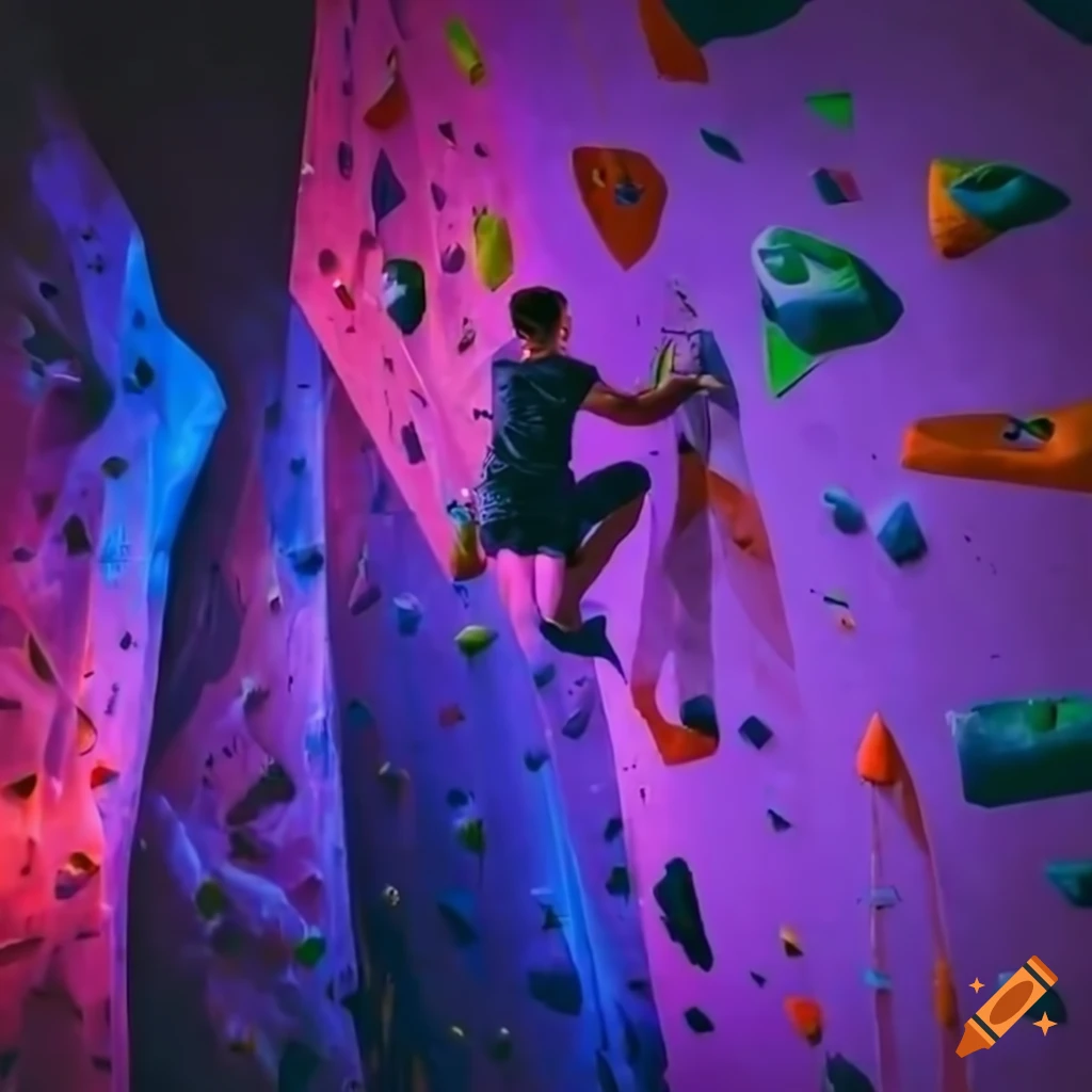 Two men climbing towering rock walls in a modern gym with neon lighting