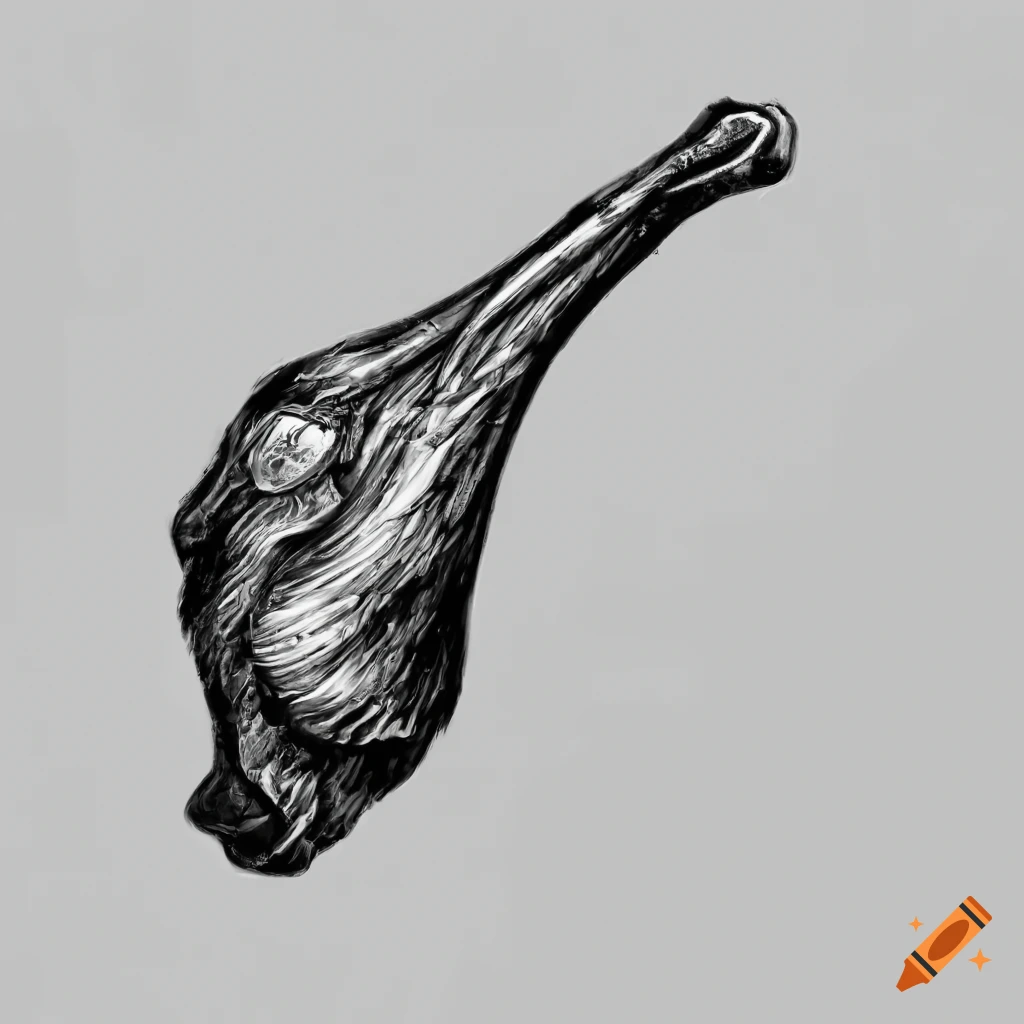 Barbecued lamb shank on plain white background in black and white