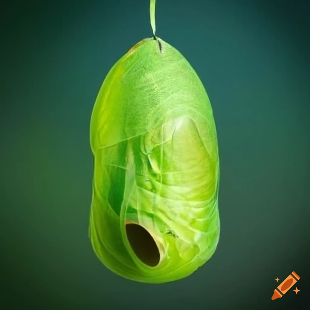 Long green butterfly cocoon in a unique shape on Craiyon