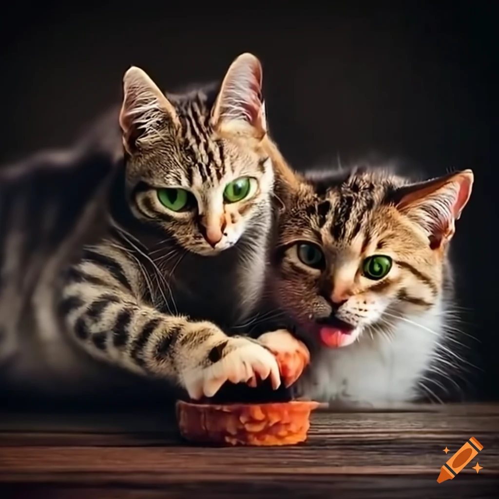 Two cats sharing food on Craiyon