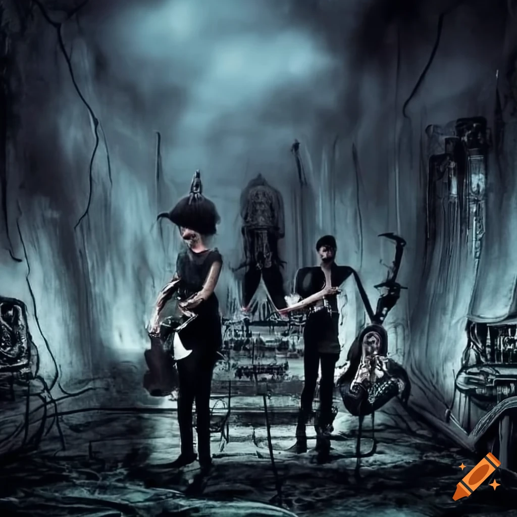 Band with keys, guitar, bass, drums and lead vocalist in an alien landscape in the style of H R Giger