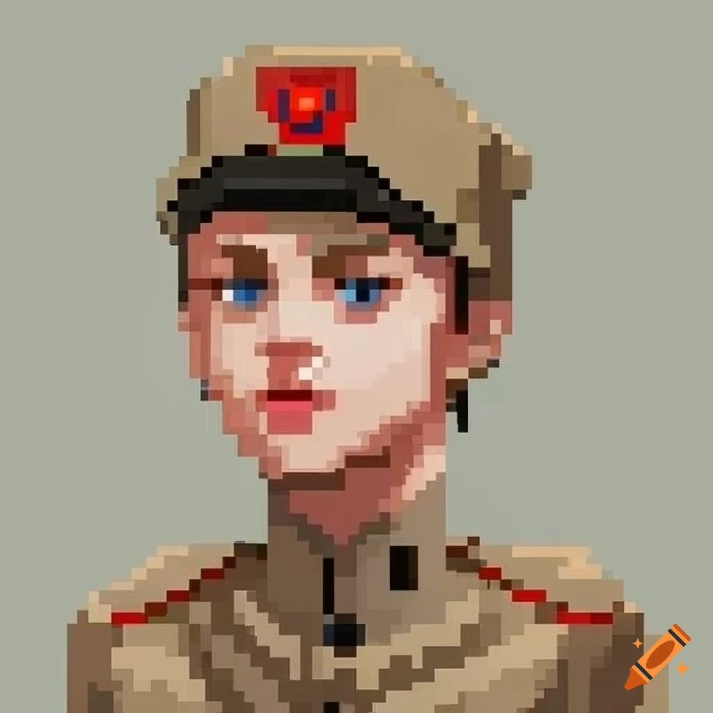 Detailed pixel art portrait of a young soldier in beige uniform with ...