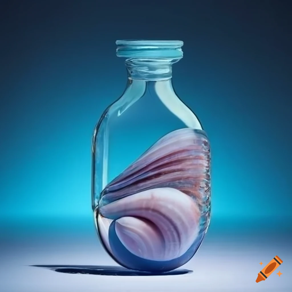 Crystal bottle with seashell fibonacci and waves