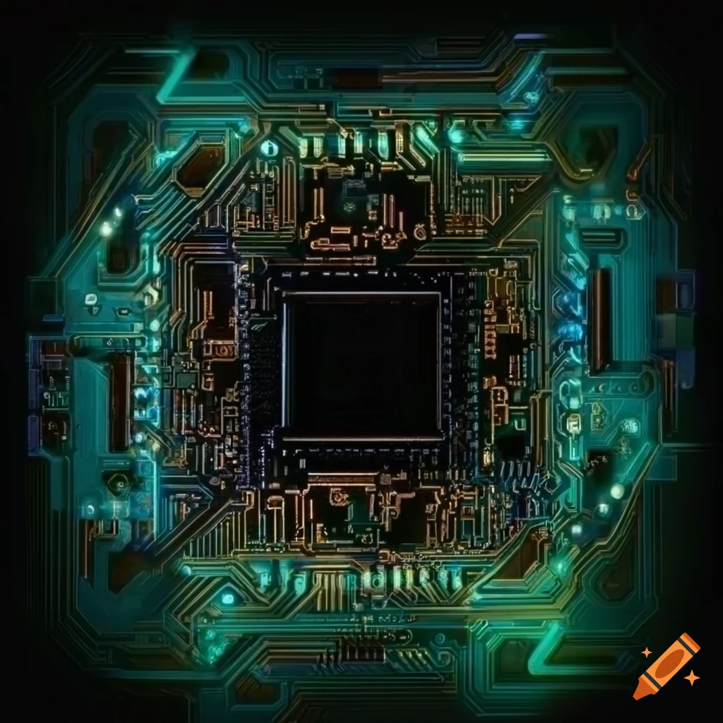 Detailed highdefinition hexagonal printed circuit board with glowing wires and components on a