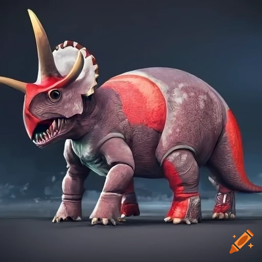 Triceratops in a spacesuit riding a red rocket