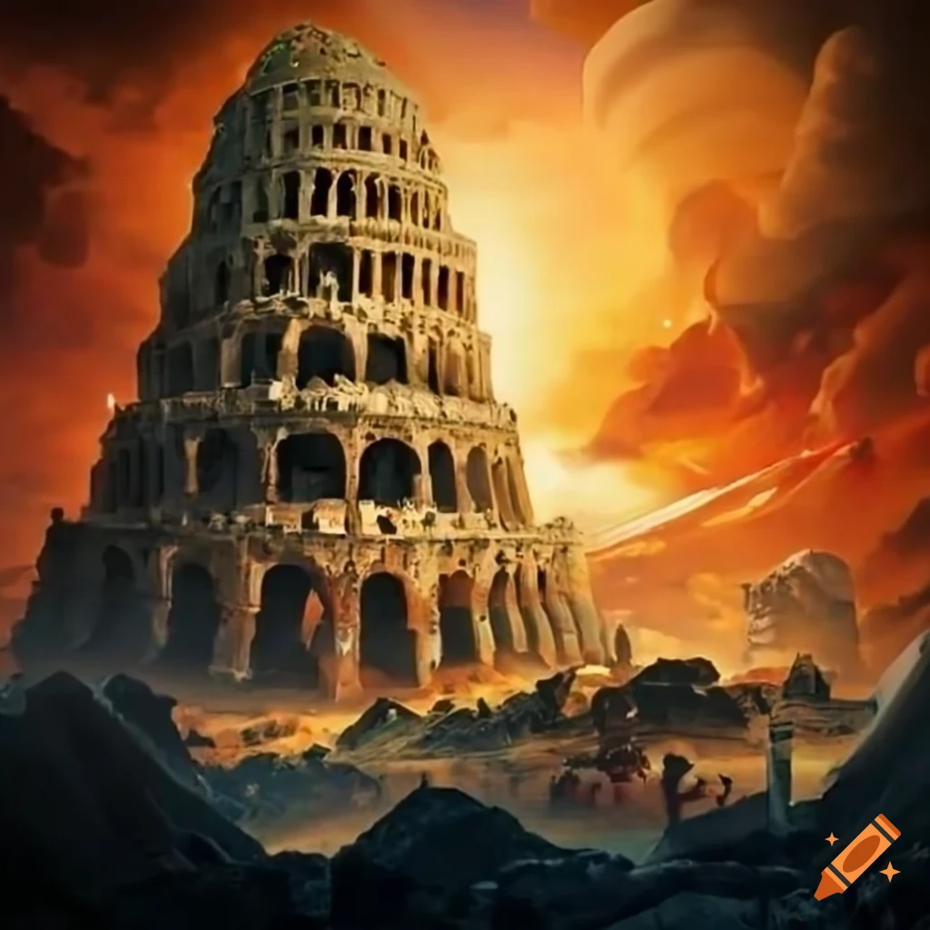 The destroyed Tower of Babel with visible rubble