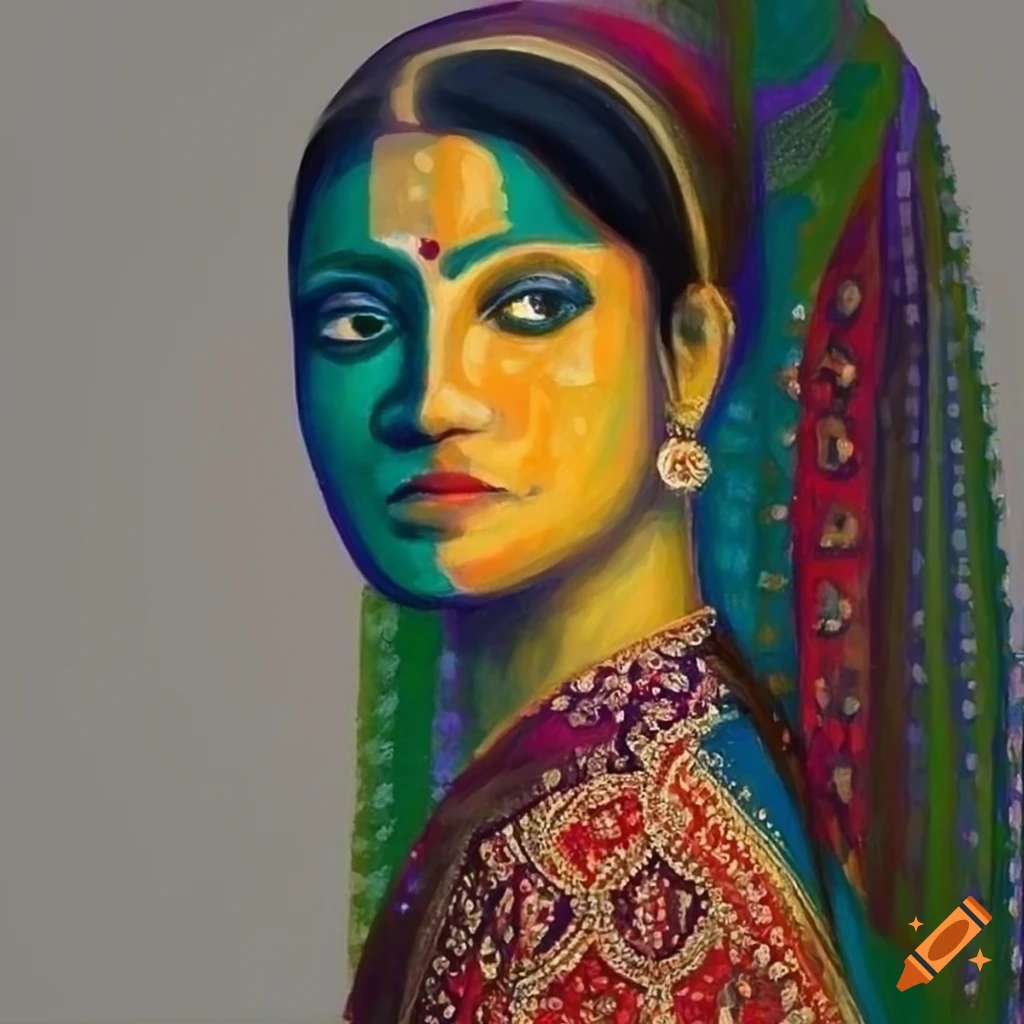 Indian woman with a Seurat-inspired style on a grey background