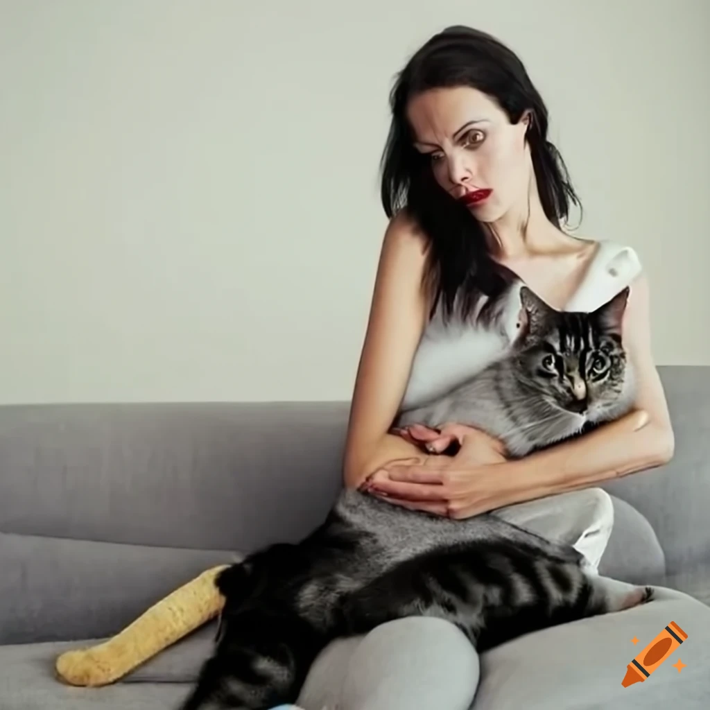 Attractive woman with two cats on a sofa