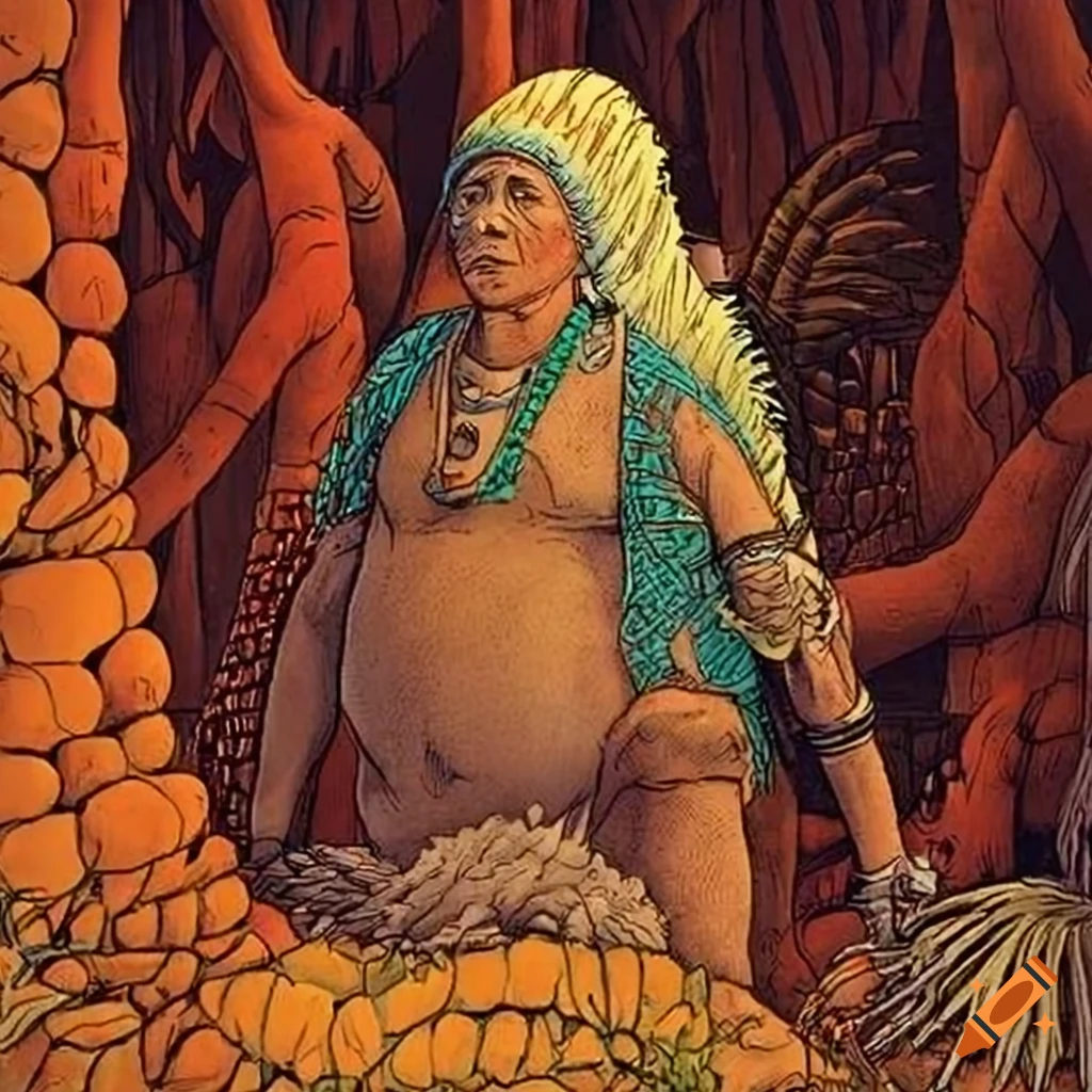 Moebius illustration of indigenous people in a jungle