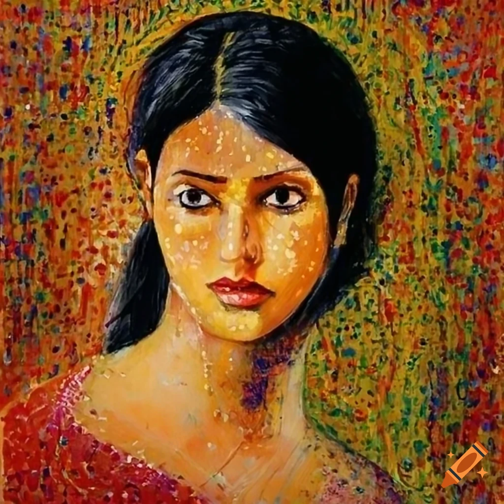 Indian woman with a style reminiscent of Seurat's art