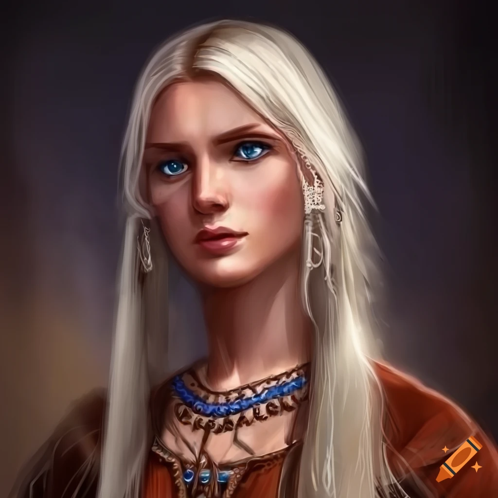 Portrait of ancient germanic tribal woman with blonde hairstyle and ...
