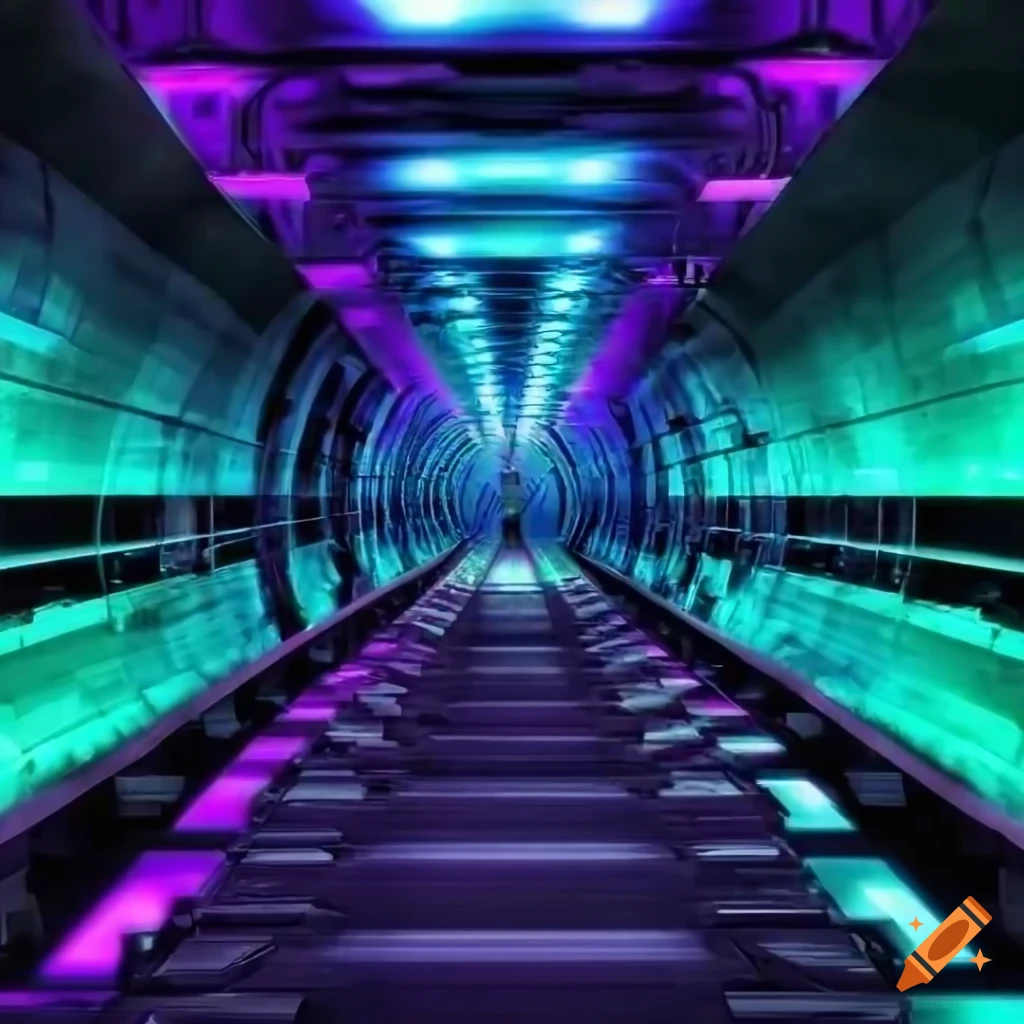 Futuristic glowing subway tunnel with blue, purple, and green lights