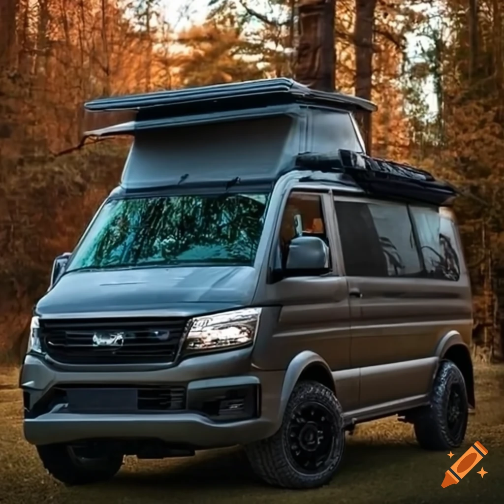 Dark grey 4x4 campervan with pop top roof on Craiyon