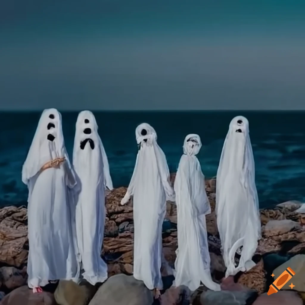 People in vintage ghost costumes on a rocky coast with galaxy sky