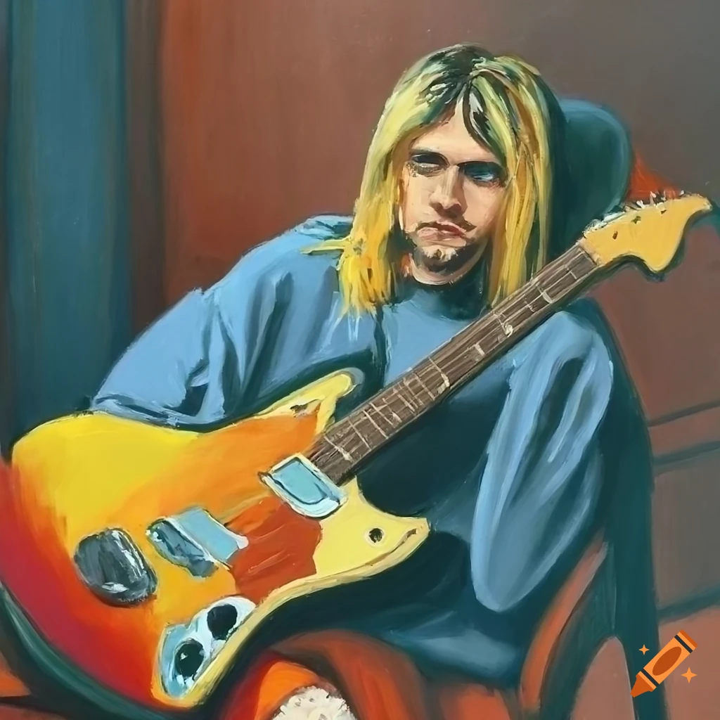 Oil painting of melancholic kurt cobain playing a fender jaguar in a