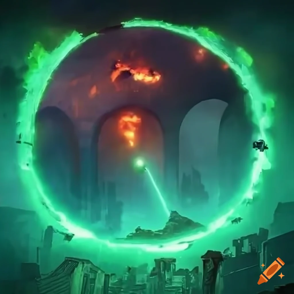 Ruined ancient alien city with a glowing green orb and futuristic