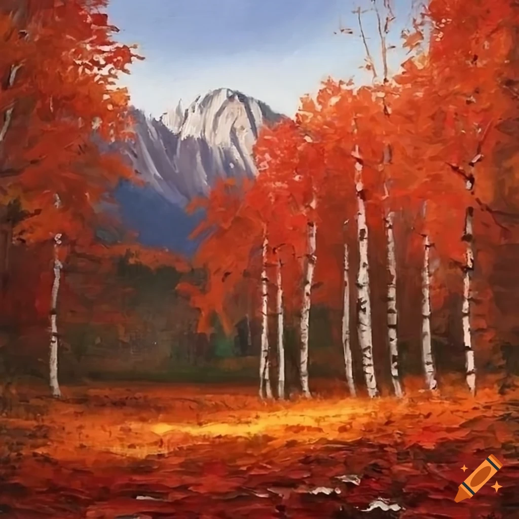 Birch forest with red leaves surrounded by mountains in an ultra